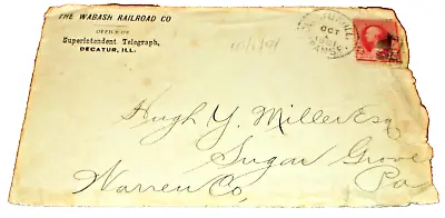 October 1891 Wabash Railroad Company Envelope Decatur Illinois Superintendent • $40