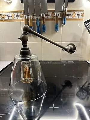 Brass Wall Mounted Arm Light Adjustable Industrial Bulb Included & Glass Shade • £25