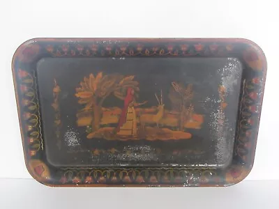 Antique 19th Century Pennsylvania Tin Toleware Folk Art Tray Red Riding Hood ? • $99