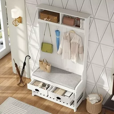 Bench Hall Tree Storage Shoe Entry Way Coat Rack White Furniture Rustic Hook New • $218.66