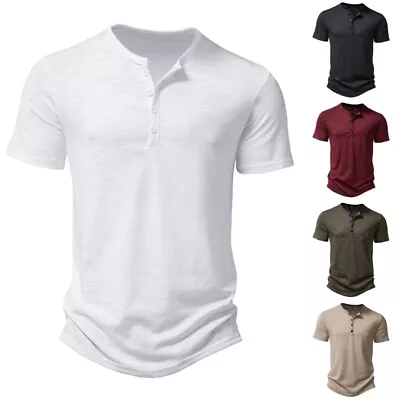 Men Summer Tops Short Sleeve T Shirts Mens Casual Henley Neck Daily Wear T-shirt • £11.79