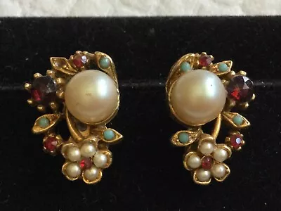 Vintage Pearl Center Garnet & Turquoise Color Stone Flower Swag Clip Earrings • $44.99