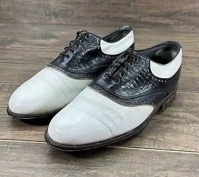 Vintage Footjoy Classics Shoes 9.5 D White Black Leather Croc Saddle Oxford FJ • $50