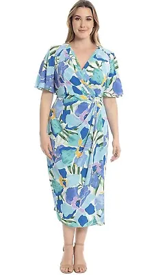 Maggy London Women's Flutter Sleeve Faux Wrap Midi Dress Size 22 NEW • $33.95
