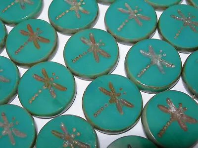 8 17mm Czech Glass Teal Picasso Dragonfly Coin Beads • $9.99