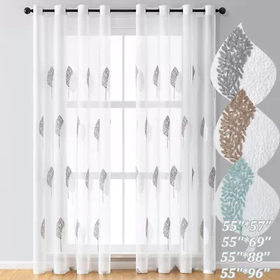 Pair Embroidered Leave Curtains Eyelet Voile Sheer Curtains White Valances Party • £23.15