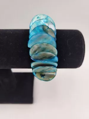 Abalone Shell Bracelet Mother Of Pearl Boho Wide Blue Teal Beach Stretch • $11.99