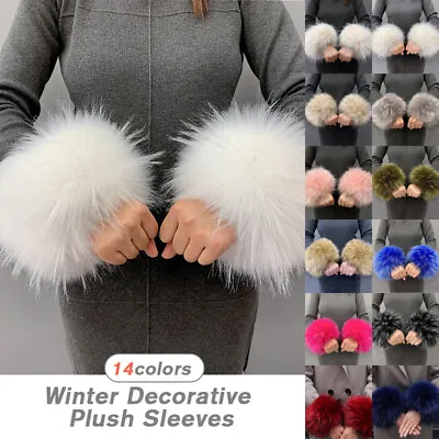 Women Fluffy Faux Mink Fox Fur Cuffs Winter Warm Arm Warmer Bracelet Gloves • $10.90