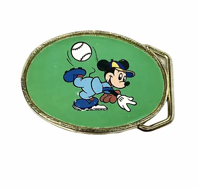 Vintage Brass Belt Buckle Kids Mickey Mouse Baseball 1980 Disney Baron Buckles • $24.95