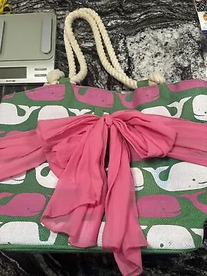 Mud Pie Sarong-Along Tote Bag Purse Whale Theme Green ~ Pink & White Whales • $9.99