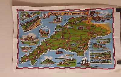 Vintage Tea Towel Devon And Cornwall Map Cotton • £5