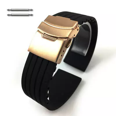 Black Rubber Silicone Watch Band Strap Rose Gold Double Locking Clasp #4011RG • $14.95