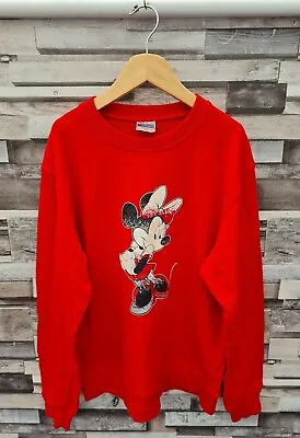 Womens Red Disney Vtg 90s Usa Minnie Mouse Graphic Pullover Sweatshirt Jumper M • £12.99