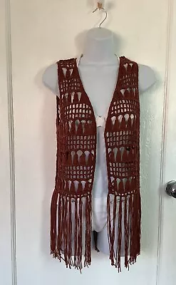 £14.90 • Buy Y2K Size M Open Knit Fringe Tassel Boho Hippy Long Waistcoat Cardigan Top