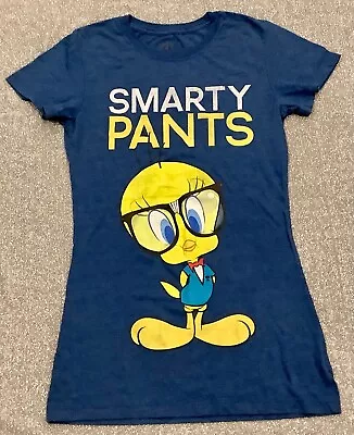 Looney Tunes Tweety Bird Smarty Pants Junior’s Blue T-Shirt Medium Slim • $6.99