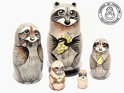 Raccoon Happy Family Nesting Doll Matryoshka 4.3''/ 11 Cm Raccoons Home Decor • $36.80