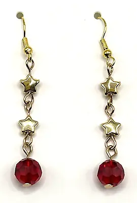 Stunning Red Faceted Glass W Gold Stars Dangle Drop Earrings Holiday Christmas • $4.99