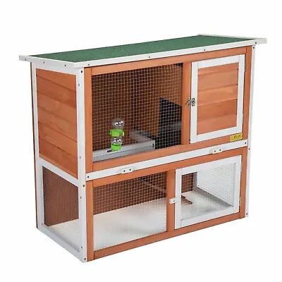 2-Tier Wood Rabbit Hutch Hen House Bunny Cage Chicken Coop W/Run Roof Outdoor • $89.99