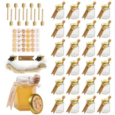 24 Pack 4oz Glass Hexagon Honey Jars Golden Lids - Extra Wooden Honey Dipper ... • $46.56