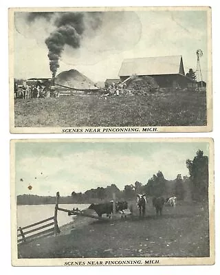 LOT OF 2 Pinconning Michigan Area Steam Tractor Farm Barn Cows Unused Postcards • $10