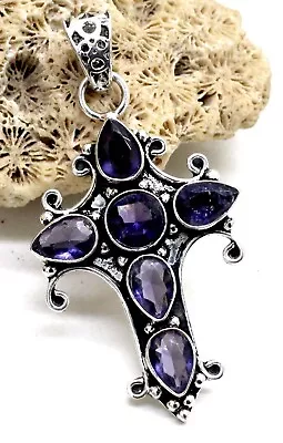 925 Sterling Silver Amethyst Gemstone Handmade Jewelry Cross Pendant Size-2 • $14.53
