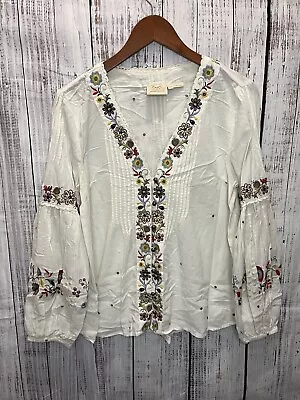 Vanessa Virginia Anthropologie Top Womens Large Embroidered Floral Boho Blouse • $34.95