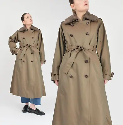 Vintage 80s Army Green Trench Coat Double Breasted Midi Length Jacket M • $150