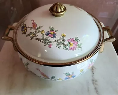 Vintage French Fleur Floral Enamel & Brass Pot With Lid. • $32.50