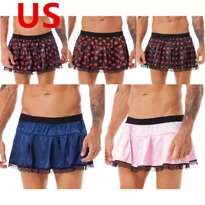 US Mens Skirt Lace Trim Pleated Gay Undewear Sissy Role Play Miniskirt Clubwear • $8.79