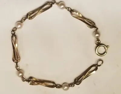 Vintage 12k Gold Filled Cultured Pearl Ornate Link Bracelet • $59.99