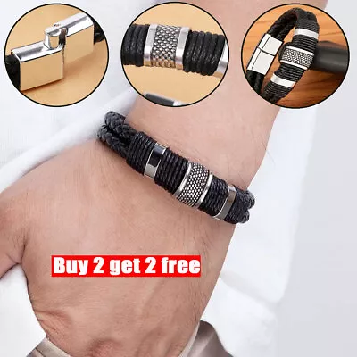 Men Leather Bracelet Stainless Steel Braided Rope Bangle Wristband Clasp Jewelry • £3.56