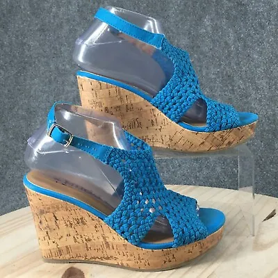 Mudd Sandals Womens 8 M Ankle Straps Blue Fabric Casual Wedge Cork Heels Buckle • $17.99
