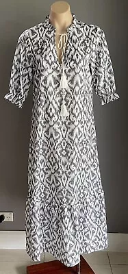 Maxi Dress NORACORA Tassel Tie Grey & White Geo Print Tier Hem V-Neck Size S NEW • $49.99