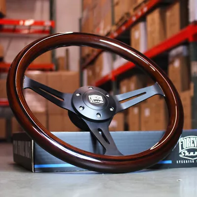 14 Inch (350mm) Black Steering Wheel  With Dark Wood Grip 6 Hole Classic Chevy • $150.35