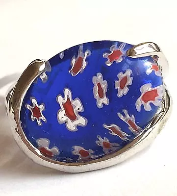 Murano Art Glass Cocktail Ring Size 9 Blue Red Millefiori Vintage Silver Plated • $17.99