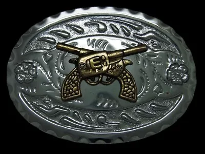 TJ15158 VINTAGE 1970s *DUELING SIX SHOOTERS* WESTERN & COWBOY DESIGN BELT BUCKLE • $18