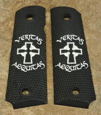 1911 Grips - VERITAS AEQUITAS CROSS - BLACK/WHITE - .45 AMBI FULL SIZE #2 • $26.99