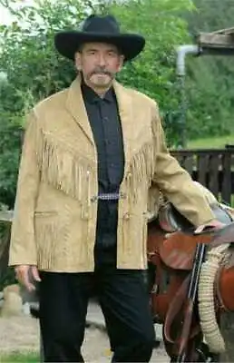 Men Suede Western Style Cowboy Leather Jacket With Fringe • $124.99