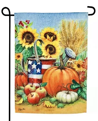 Fall American Watering Can Pumpkin Sunflower Apple Mini Window Garden Yard Flag • $8.97