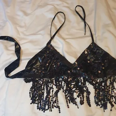 Black Sequin Tassel Festival Boho Top Bralet UK Rave Halterneck Ruffle Bra 4 6 8 • £6.99