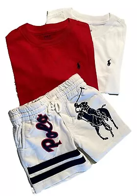 Ralph Lauren Polo Boys White Red Big Pony 3 Pack Shorts T Shirt Set Age 7 • £24.99