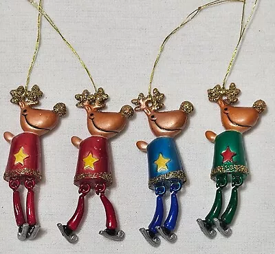 Miniature Christmas Ornaments - 4 Multicolor Deer On Ice Skates With Dangle Legs • $12