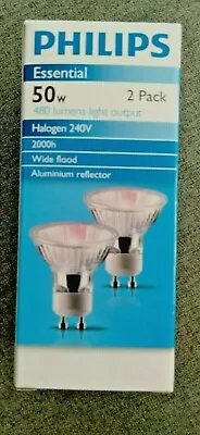 $19.95 • Buy PHILIPS 240v 50w GU10 Halogen Light Lamp Globes Bulbs Wide Beam 2 Pack