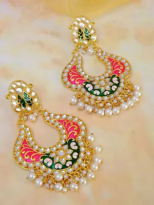 Indian Pakistani Meenakari Earrings-Gold Plated Long Wedding Chandbali For Women • $19.99