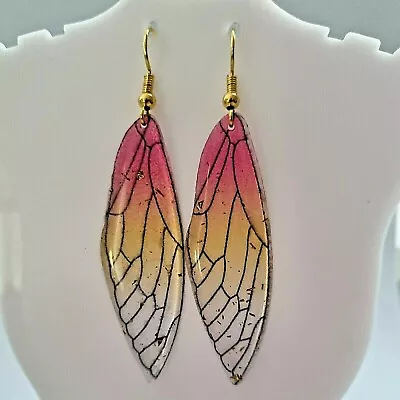 Fairy Earrings Butterfly Wings Dangle Pink Yellow Insect Gift Tropical Glitter • $9.95