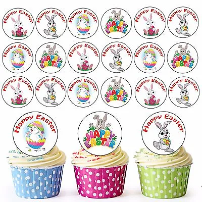 24 Circle Edible Easter Cupcake Toppers Cake Decorations Bunny Bunnies Mix  • £3.75