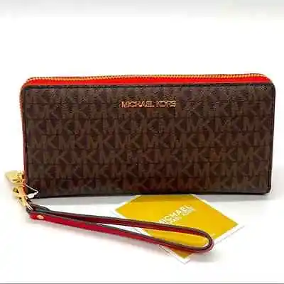 NWB Michael Kors Jet Set Large Continental Wallet Logo Brown Red Dust Bag FS • $88.99