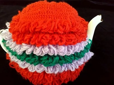 Vintage Tea Pot Cosy Cover Loopy Hairy Crochet Pattern Purple Red Green New • $15