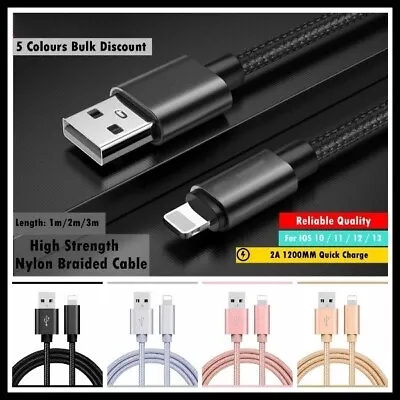 Braided USB Charger Phone Cable Data Cord For IPhone 14 13 12 11 Pro Max XR IPad • £3.50