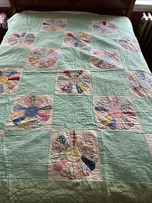 Vtg Antique Dresden Plate Quilt Feed Sack Hand Made Stitched Green Pennsylvania • $249